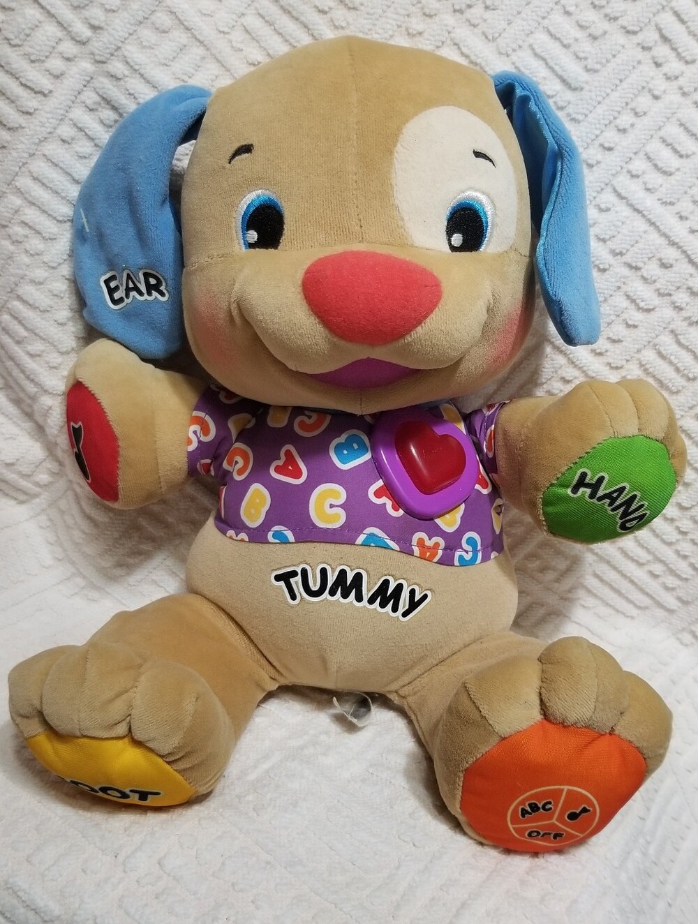 Fisher-Price Laugh & Learn Tan Plush Puppy with Purple Shirt & Blue Ears